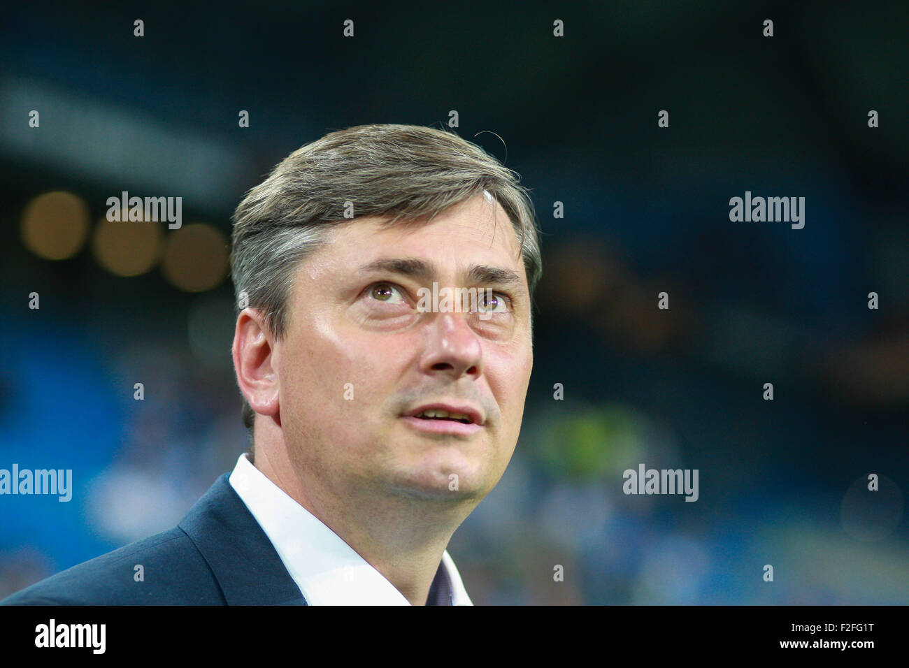 Poznan Poland. 17th Sep, 2015. Europea League Football. Lech Poznan versus Belenses. Manager Maciej Skorza (Lech) watches the game Credit:  Action Plus Sports/Alamy Live News Stock Photo