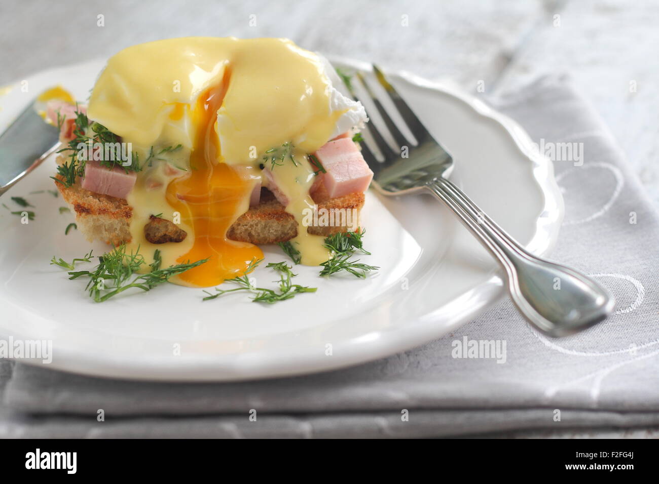 Egg is a Benedict. Egg poached with flowing yolk on toast with ham