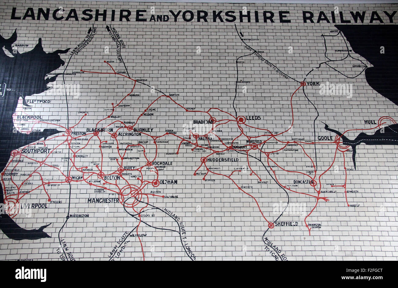 Historic tiled Lancashire and Yorkshire railway route map at Victoria Station in Manchester Stock Photo