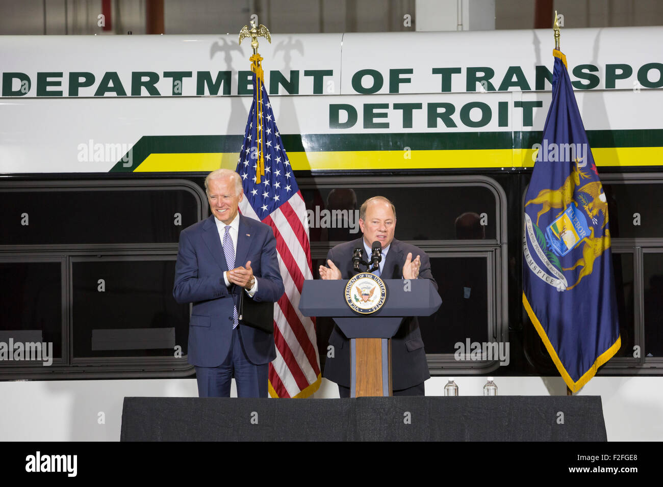 Detroit, Michigan USA. 17th September 2015. Detroit Mayor Mike Duggan thanks Vice President Joe Biden for helping the city obtain 80 new buses, funded by the federal government. Credit:  Jim West/Alamy Live News Stock Photo