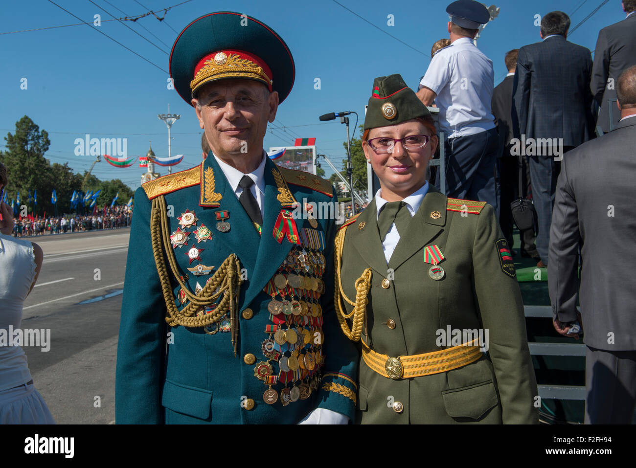 Male & Female Army Officers - 25th Anniversary of the Pridnestrovian Moldavian Republic PMR, Transnistria, Soviet USSR Moldova Stock Photo