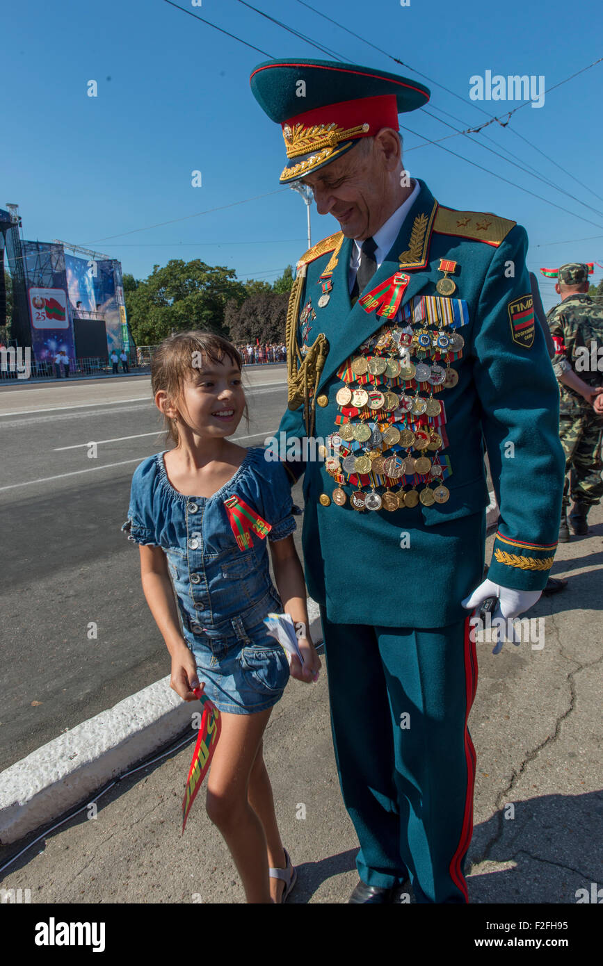Army General And Girl - 25th Anniversary of the Pridnestrovian Moldavian Republic PMR, Transnistria, Soviet USSR Moldova Stock Photo