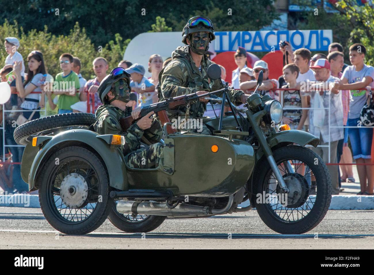 Soldiers In Side-car Parading - 25th Anniversary of the Pridnestrovian Moldavian Republic PMR, Transnistria, Soviet USSR Moldova Stock Photo
