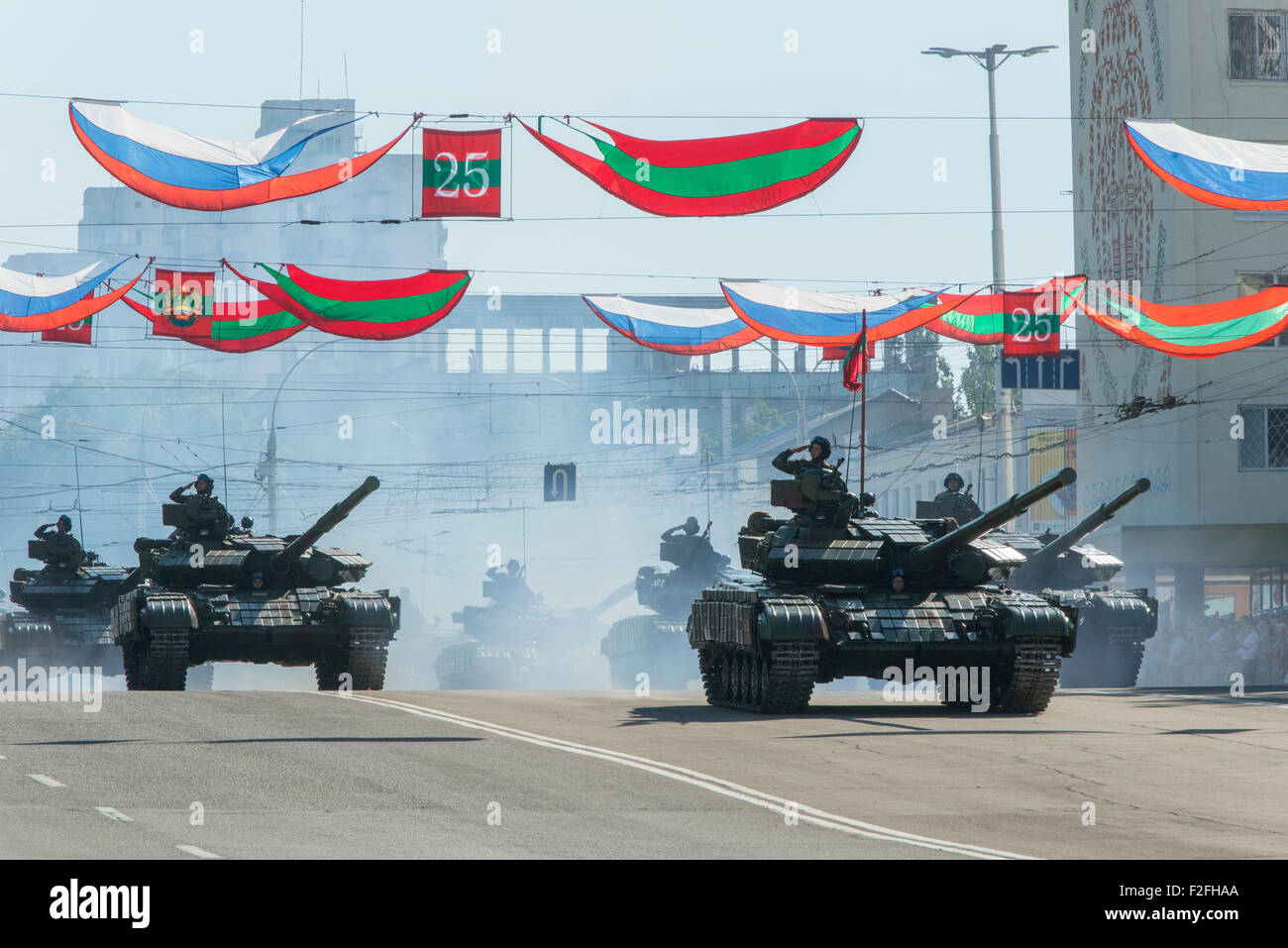 Tanks Parading - 25th Anniversary of the Pridnestrovian Moldavian Republic PMR, Transnistria, Soviet USSR Moldova Stock Photo