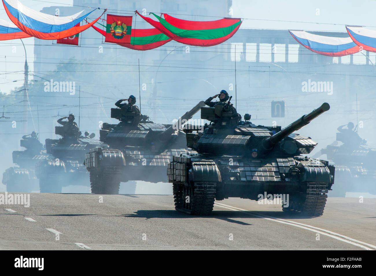 Tanks Parading - 25th Anniversary of the Pridnestrovian Moldavian Republic PMR, Transnistria, Soviet USSR Moldova Stock Photo