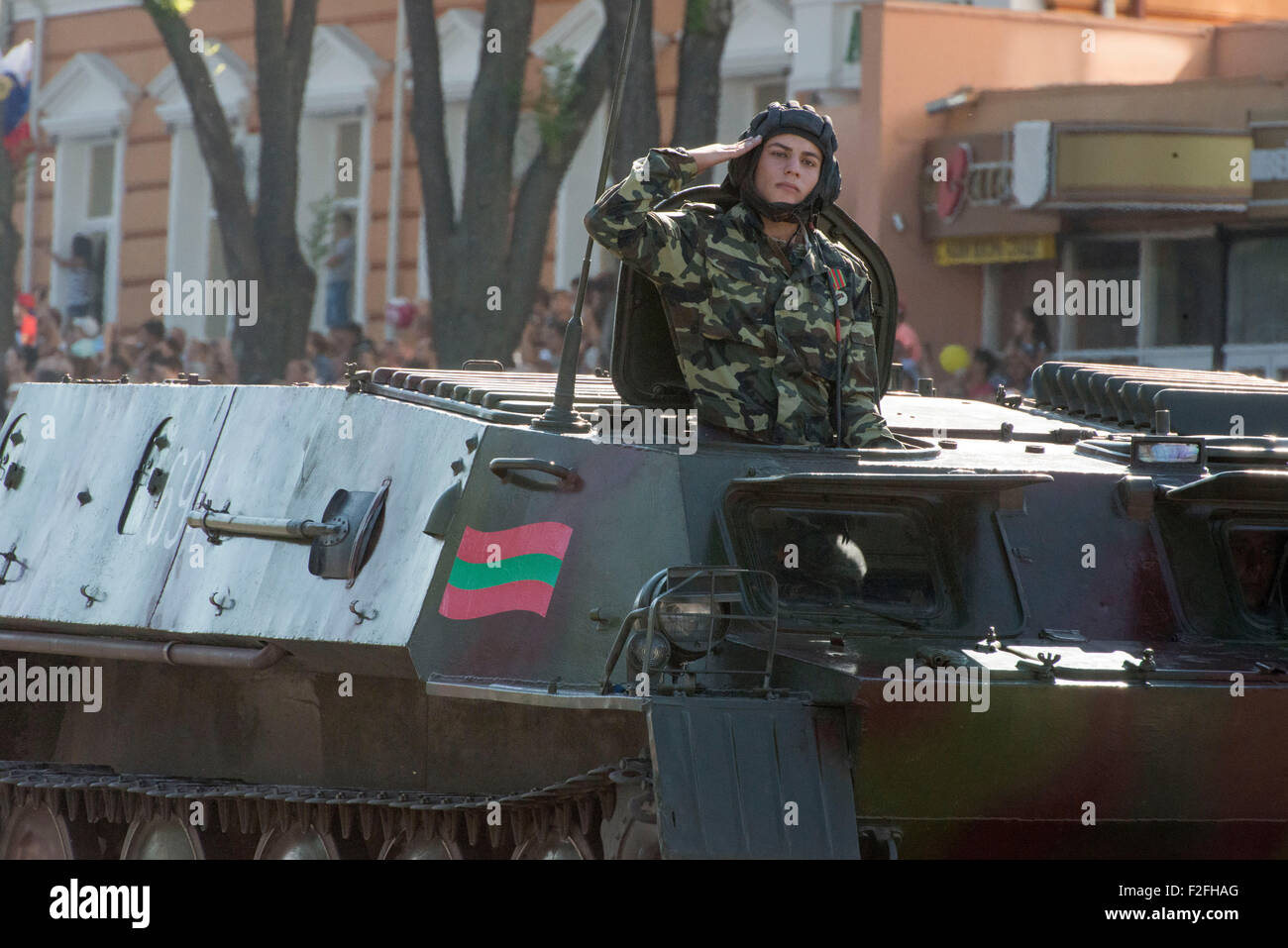 Soldier In Tank Saluting And Parading - 25th Anniversary of the Pridnestrovian Moldavian Republic PMR Transnistria Soviet USSR Stock Photo