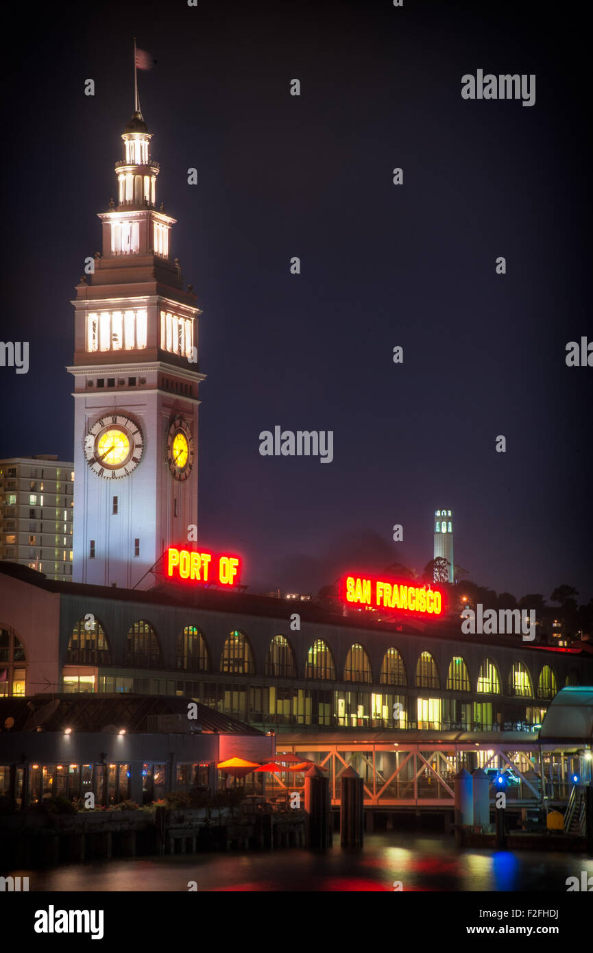 Clock tower of Ferry Building lit up at night, The Embarcadero, San Francisco, California, USA Stock Photo