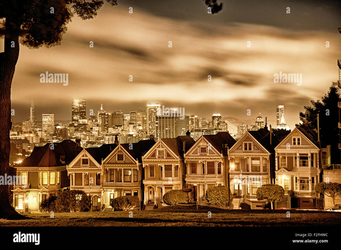 Row of Victorian homes on Steiner Street against the skyline in San Francisco. Stock Photo