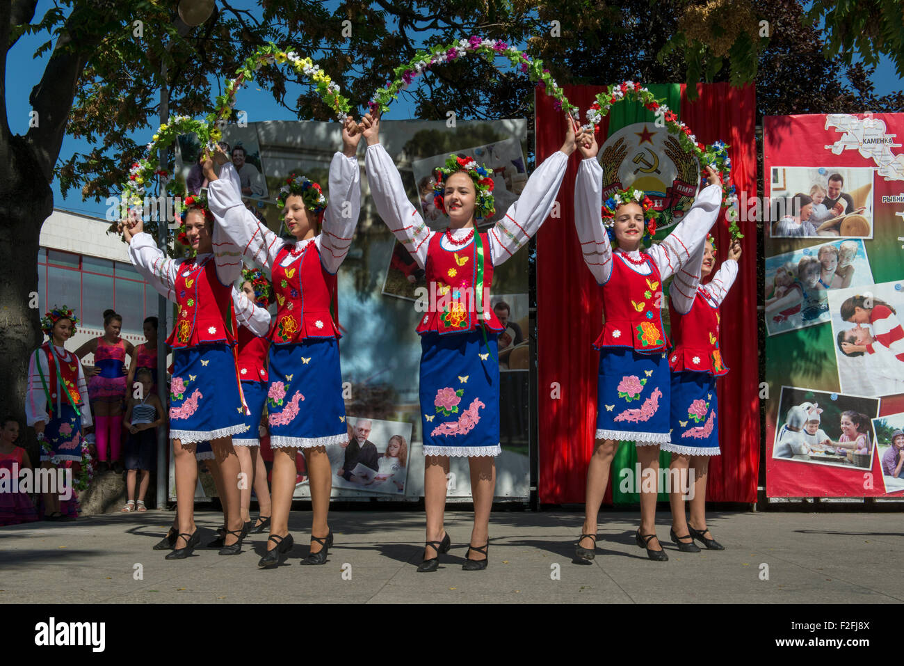 Forkloric Female Dancers - 25th Anniversary of the Pridnestrovian Moldavian Republic PMR, Transnistria, Soviet USSR Moldova Stock Photo