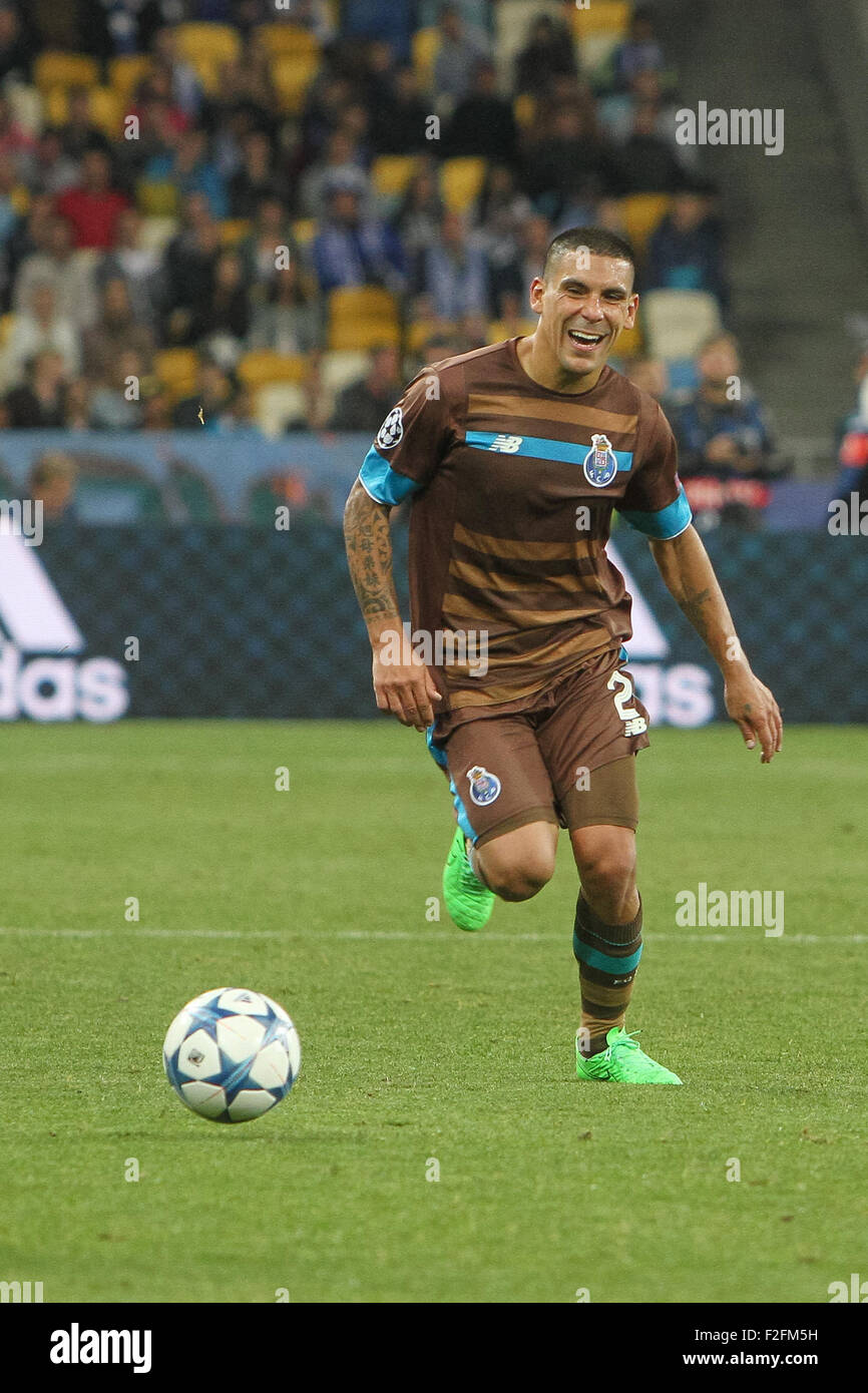 Kiev, Ukraine. 16th Sep, 2015. Maxi Pereira of FC Porto in action during the UEFA Champions League Group G stage football match between FC Dynamo Kyiv and FC Porto at NSK Olimpiyskyi Stadium. © Sergii Kharchenko/Pacific Press/Alamy Live News Stock Photo