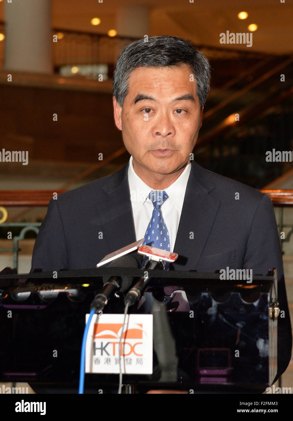 Jakarta, Indonesia. 17th Sep, 2015. China's Hong Kong Special Administrative Region Chief Executive Leung Chun-ying speaks to reporters in Jakarta, capital of Indonesia, Sept. 17, 2015. Leung Chun-ying talked about the economic and trade relations between Hong Kong and the ASEAN. © He Changshan/Xinhua/Alamy Live News Stock Photo