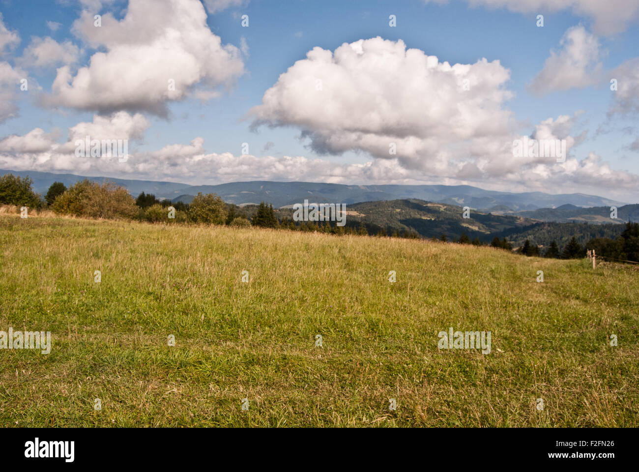 autumn in Orava region near Malatina village in Slovakia with meadow, panorama of Oravska Magura mountains and nice sky Stock Photo