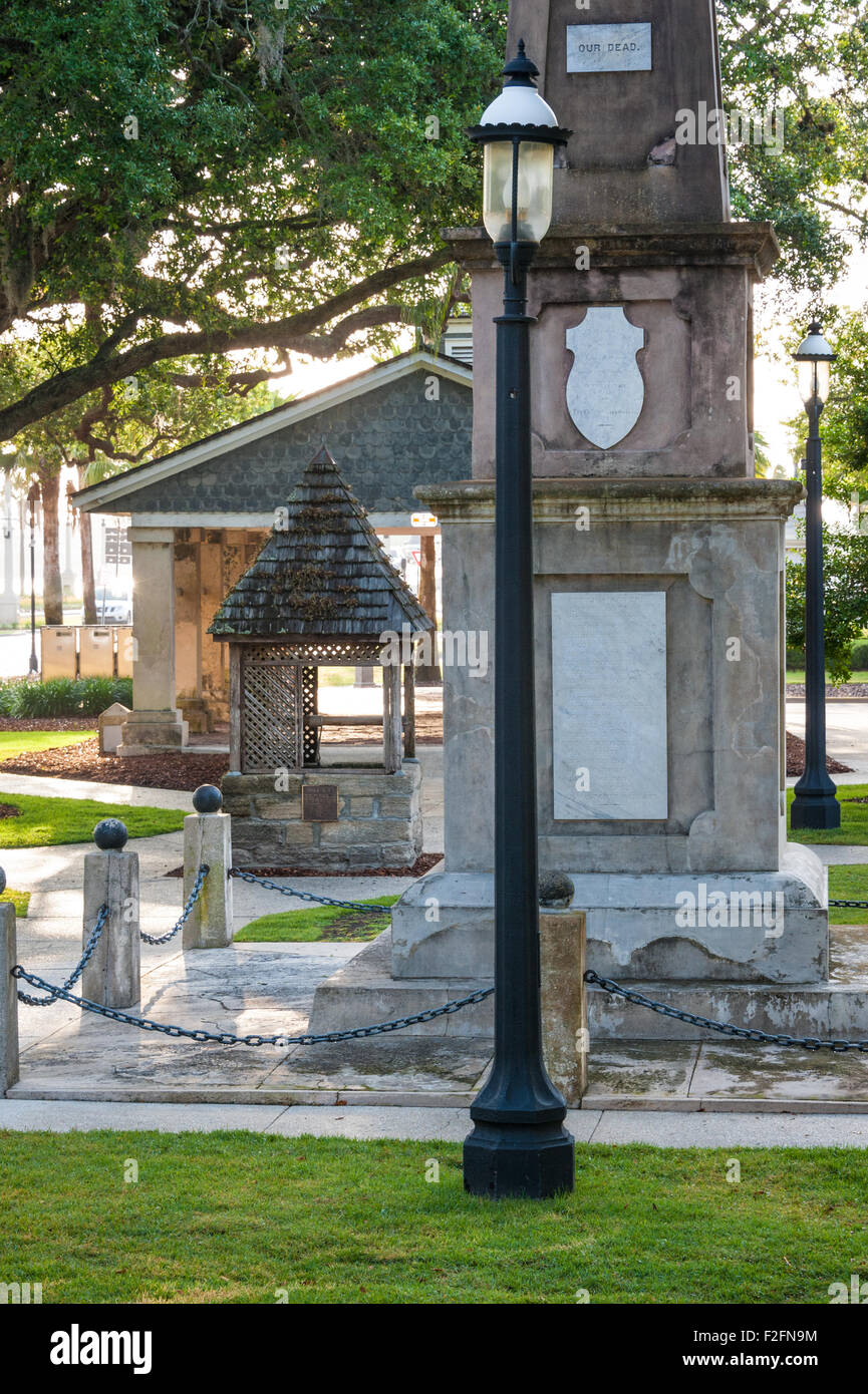 Early morning in Plaza de la Constitucion (Constitution Plaza) in the heart of Old Town St. Augustine, Florida. Stock Photo
