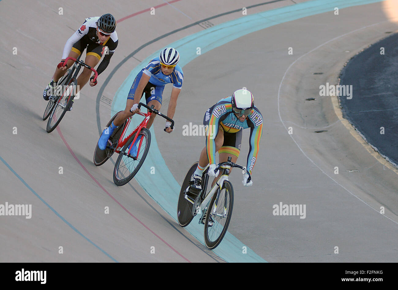 Colorado Springs, Colorado, USA. 17th Sep, 2015. UC-San Diego's, Todd Woodland (l), Fort Lewis College's, Emanuel Gagne (center), and Midwestern State's, Joshua Buchel (r), compete in a points race qualifier during the USA Cycling Collegiate Track National Championships, United States Olympic Training Center Velodrome, Colorado Springs, Colorado. Credit:  csm/Alamy Live News Stock Photo