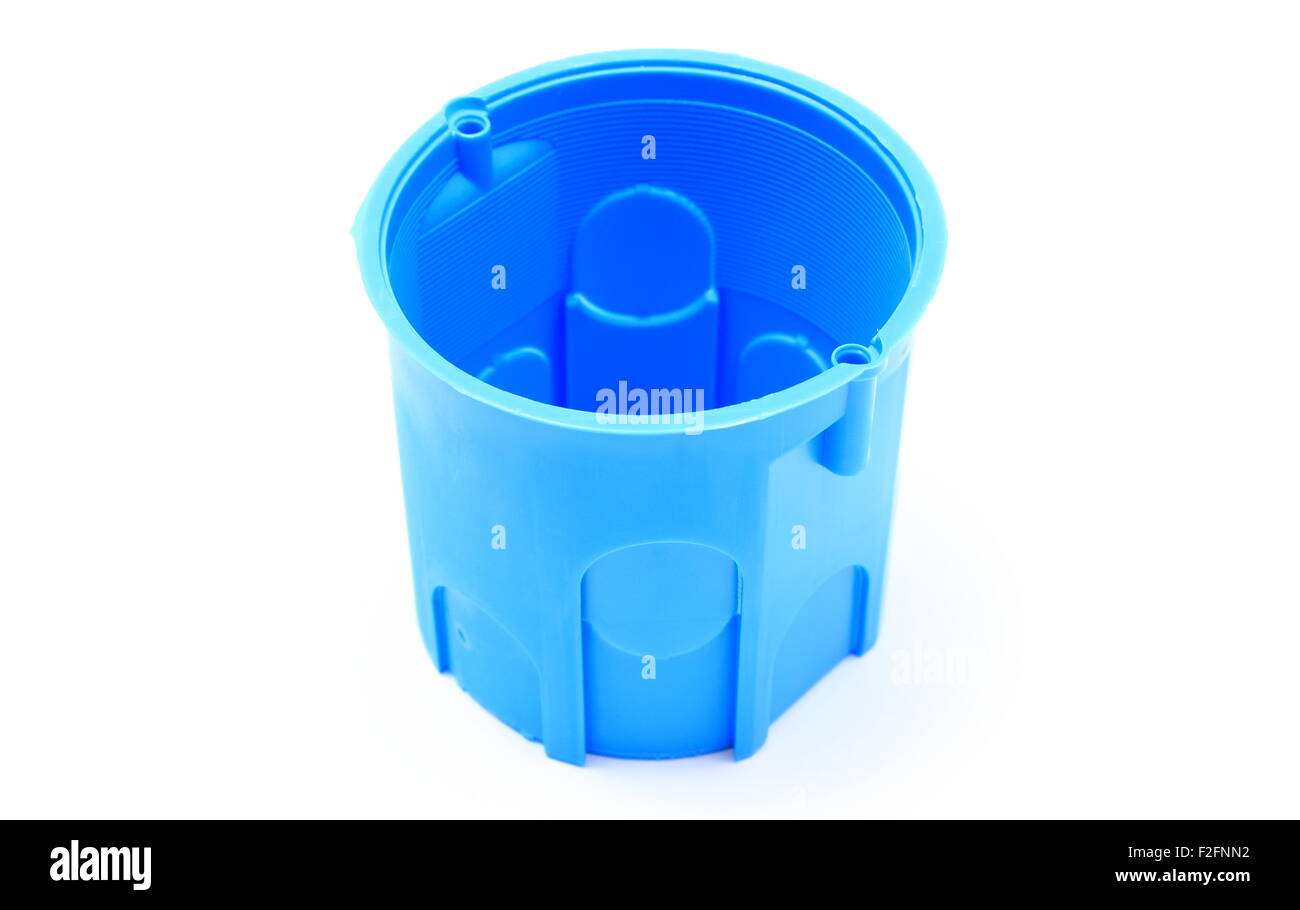 Blue plastic electrical box on white background, junction box