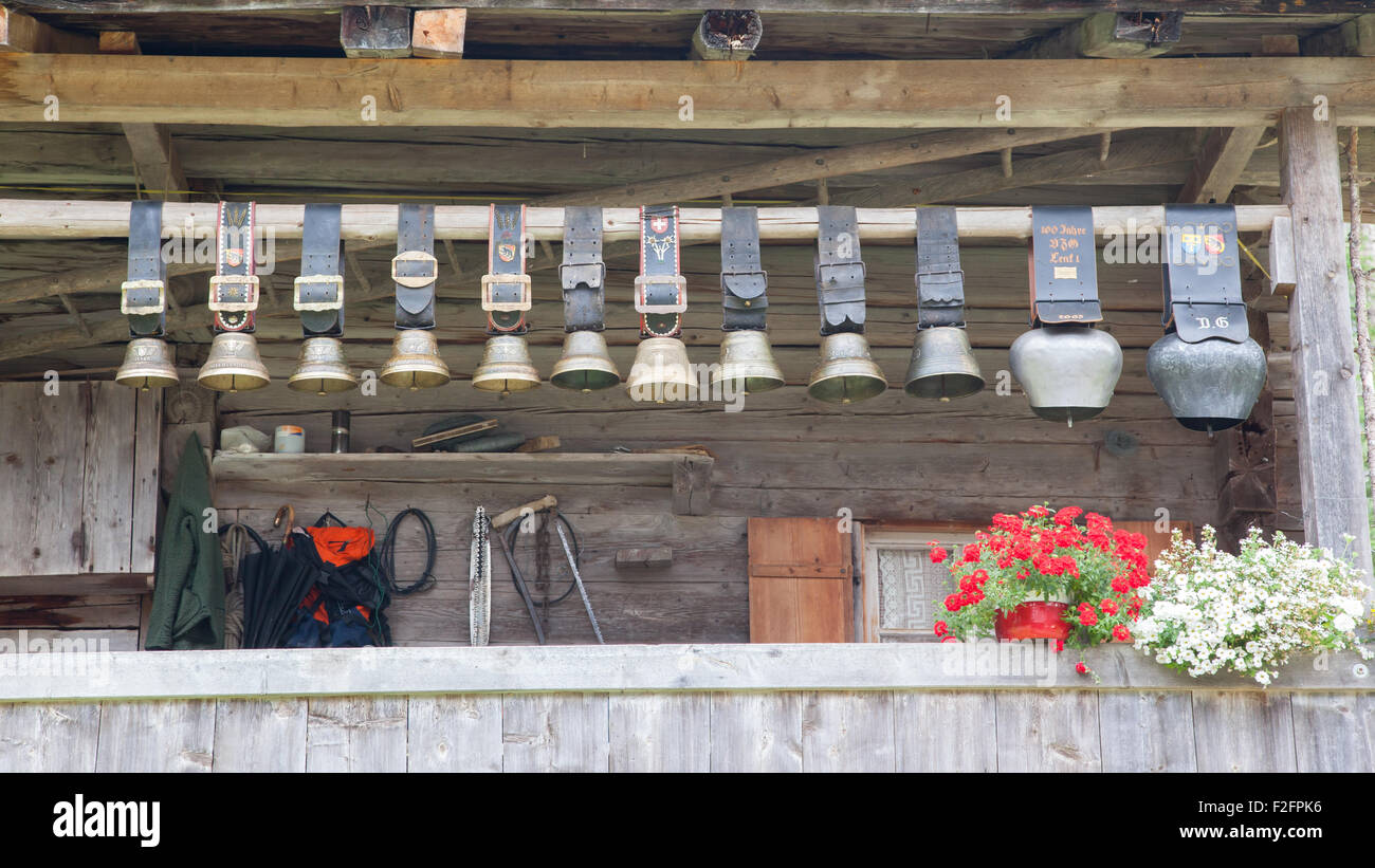 Swiss cowbells hanging at an farm in the Alps Stock Photo Alamy