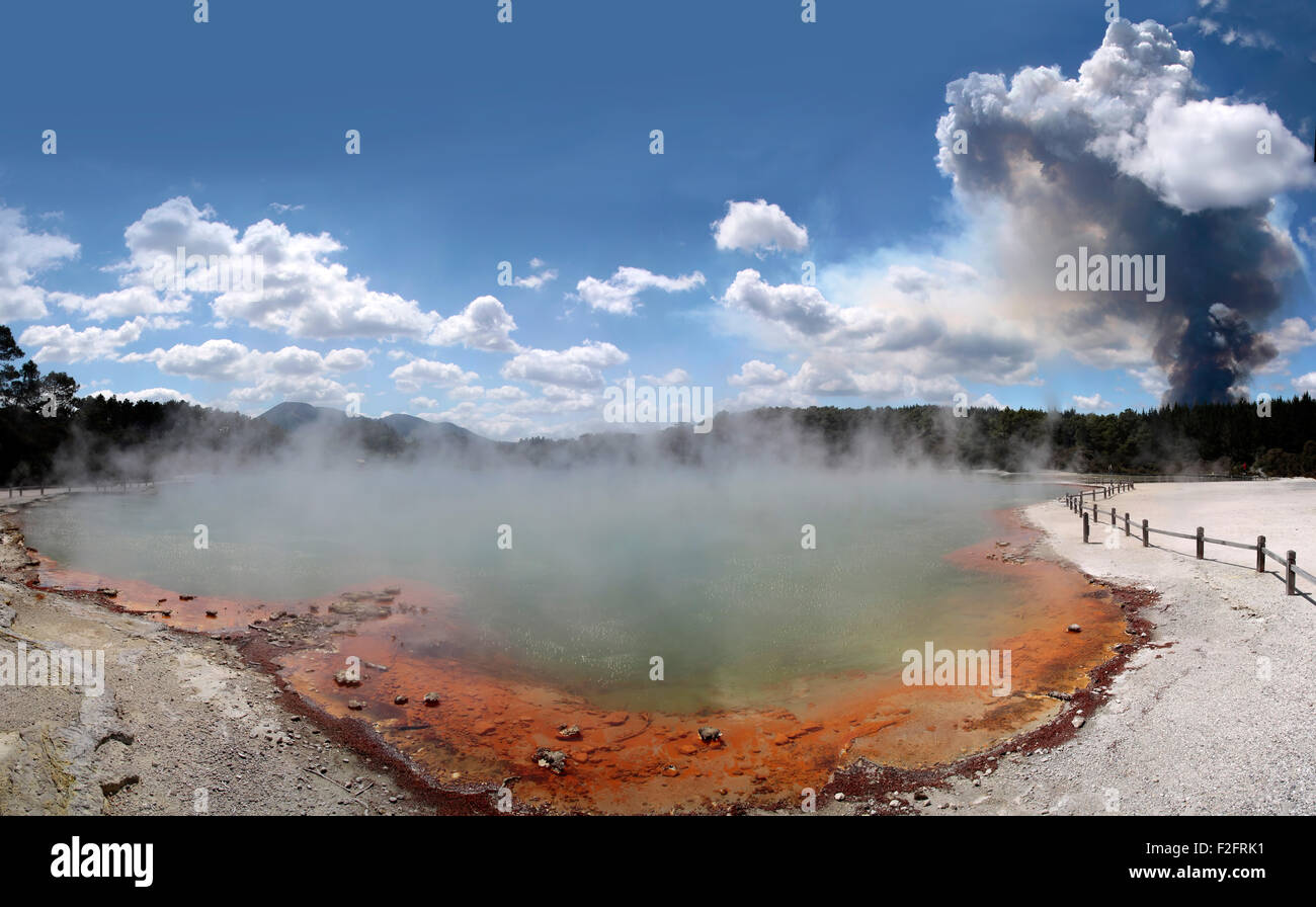 Forest fire in the Wai-o-Tapu geothermal area in Rotorua, North Island, New Zealand Stock Photo