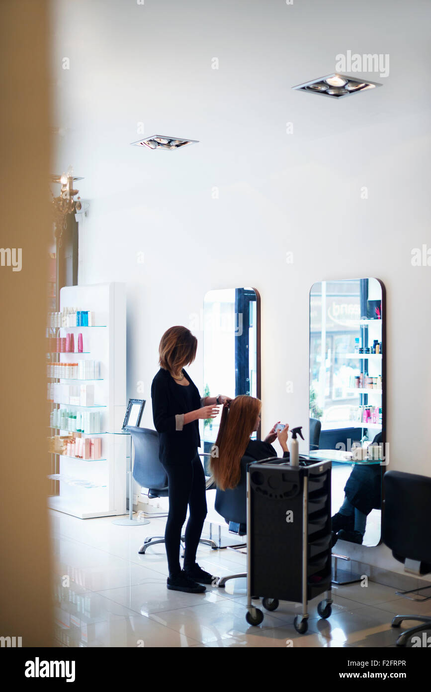 Hairdresser working with customer in hair salon Stock Photo