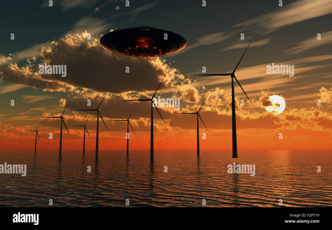 A UFO Flying Over An Ocean Wind Farm. Stock Photo