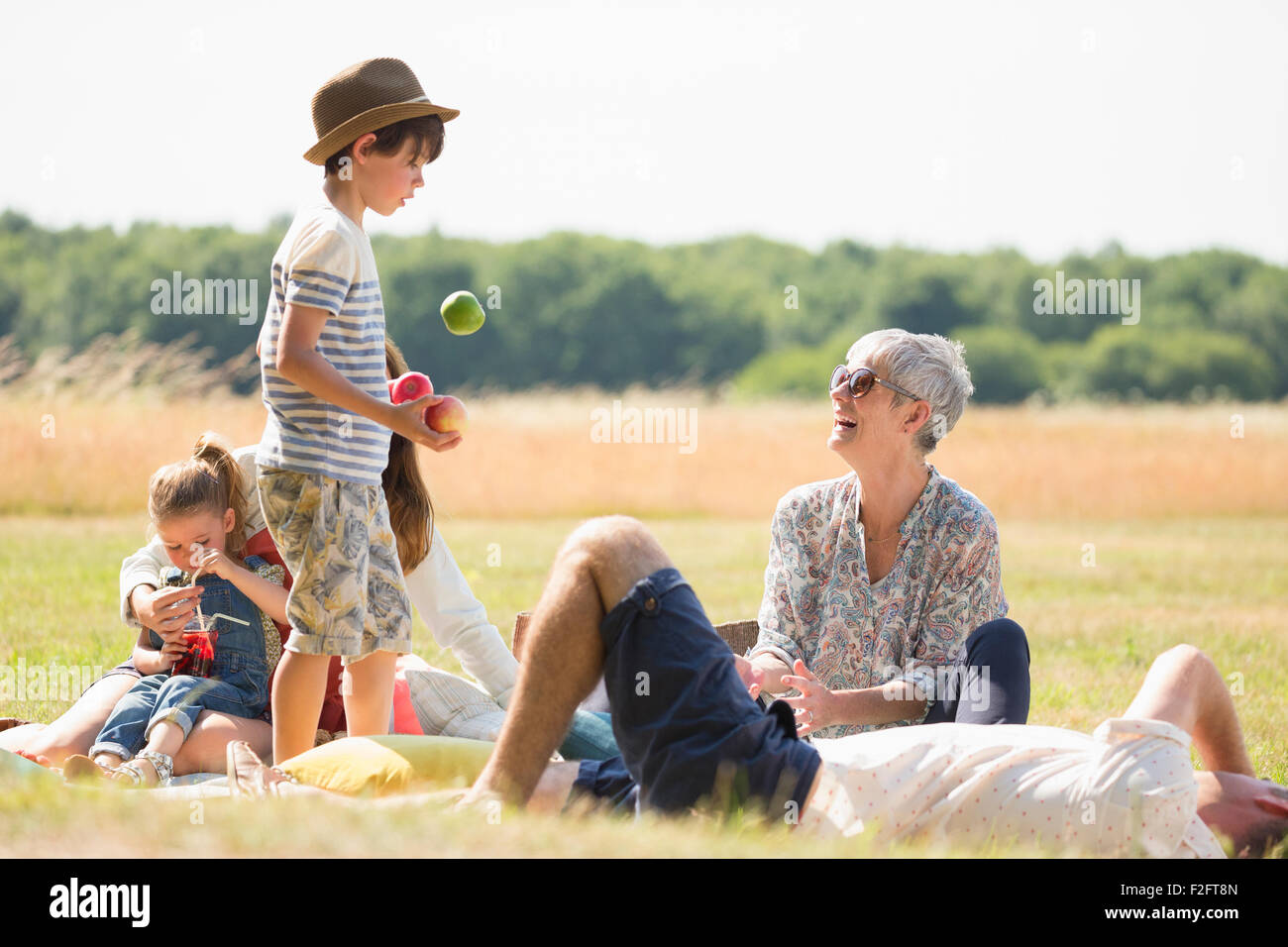 Multi-generation family in sunny field Stock Photo