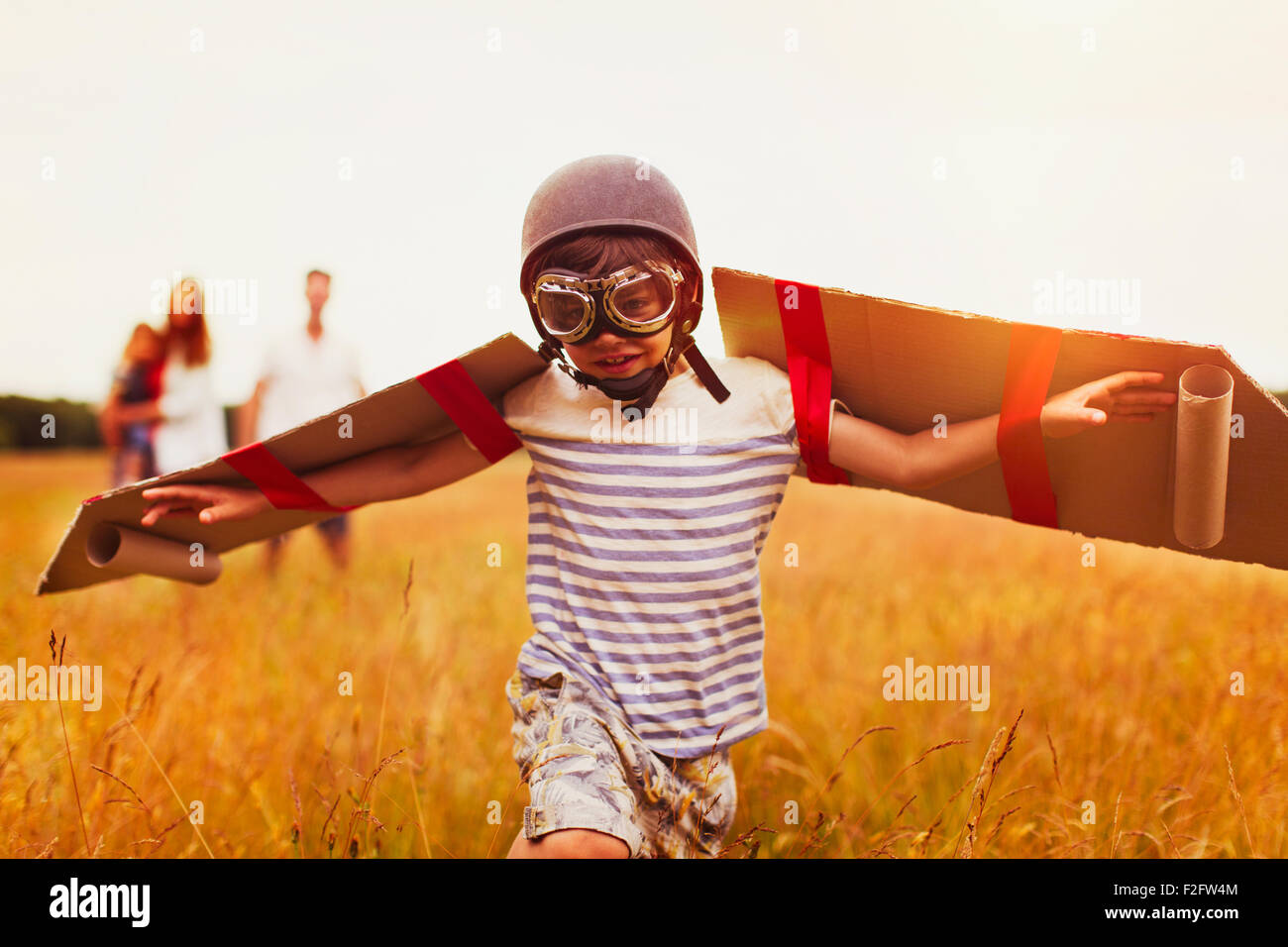 Boy with wings in aviator’s cap and flying goggles in field Stock Photo