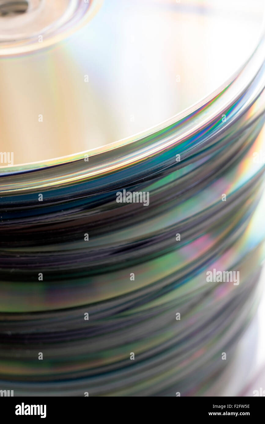 Closeup of stacked CD and DVD Stock Photo