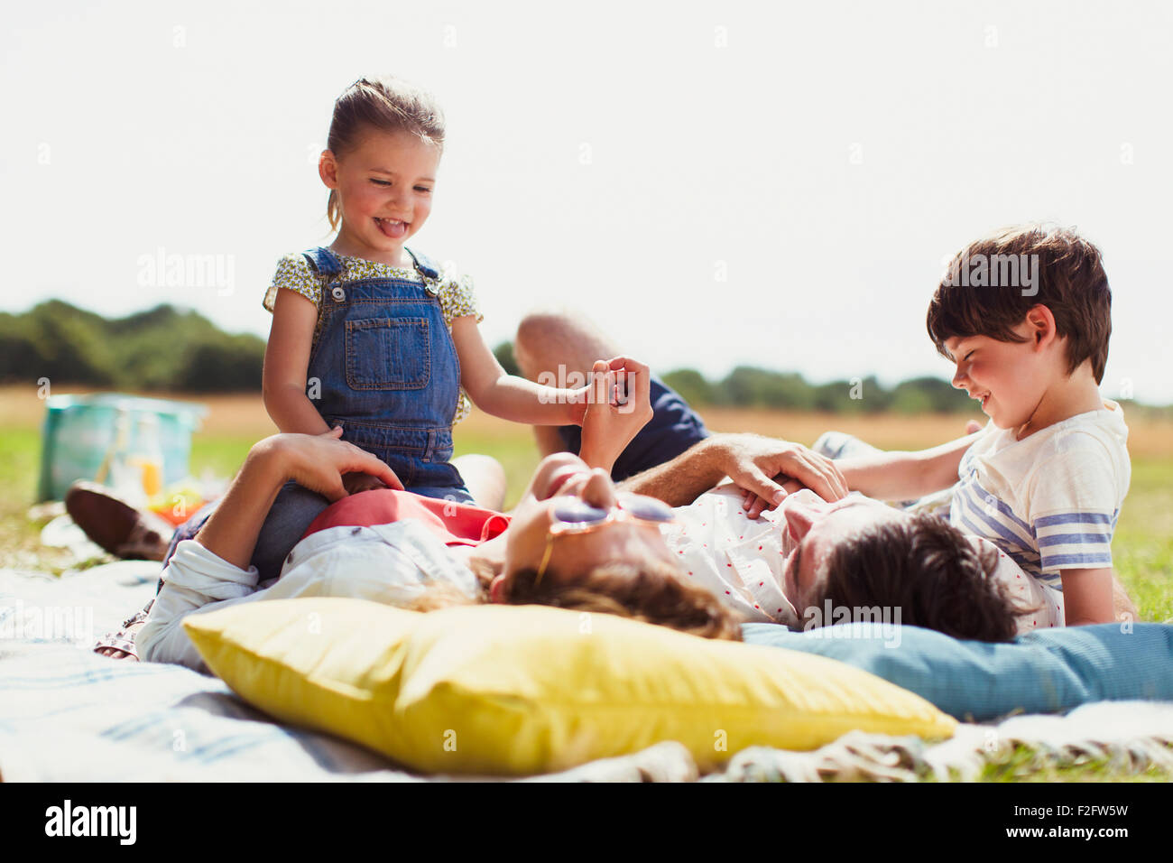 Family relaxing on blanket in sunny field Stock Photo