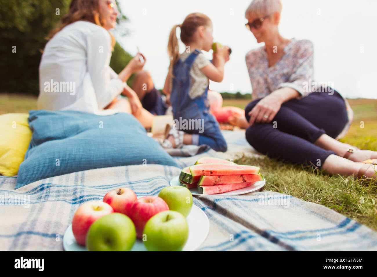 Apples and watermelon on picnic blanket near multi-generation family Stock Photo