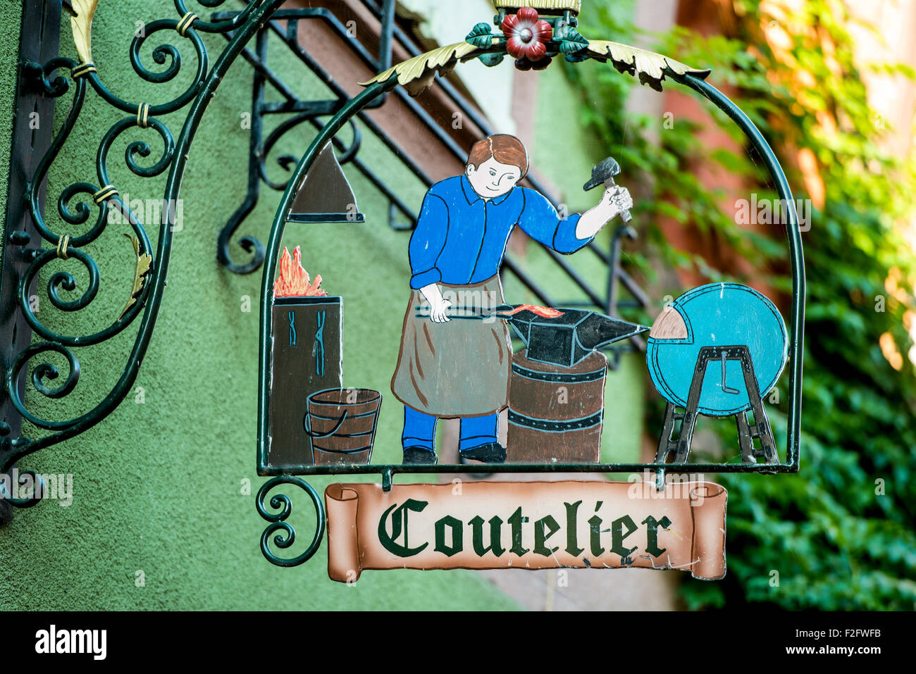 Signboard for a blacksmith, Riquewihr, Alsace, France Stock Photo