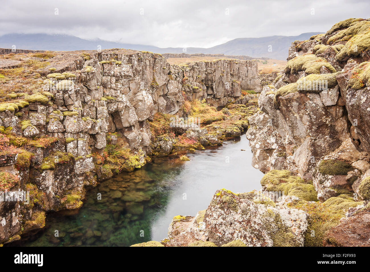A Fissure in Thingvellir national park in Iceland, shot in autumn with full fall colors evident. Overcast sky Stock Photo