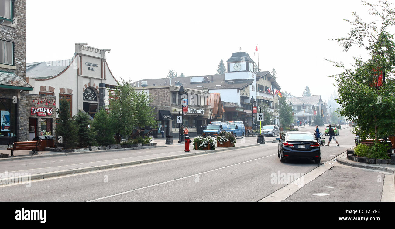 Banff Avenue showing the Cascade Hall Banff Alberta Canada Stock Photo