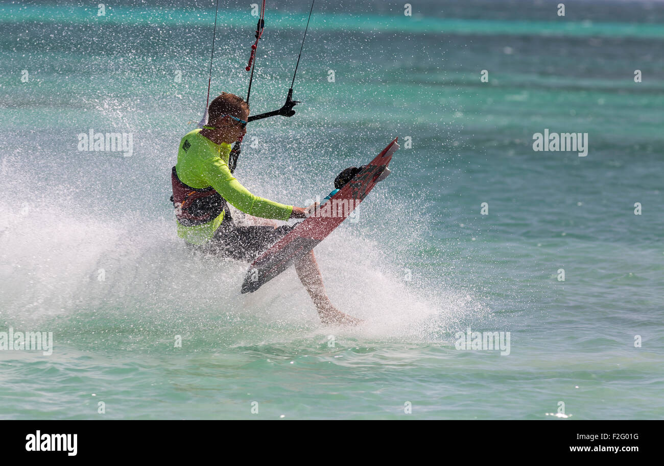 Man kite surfing on Hadicurari Beach, Aruba Stock Photo