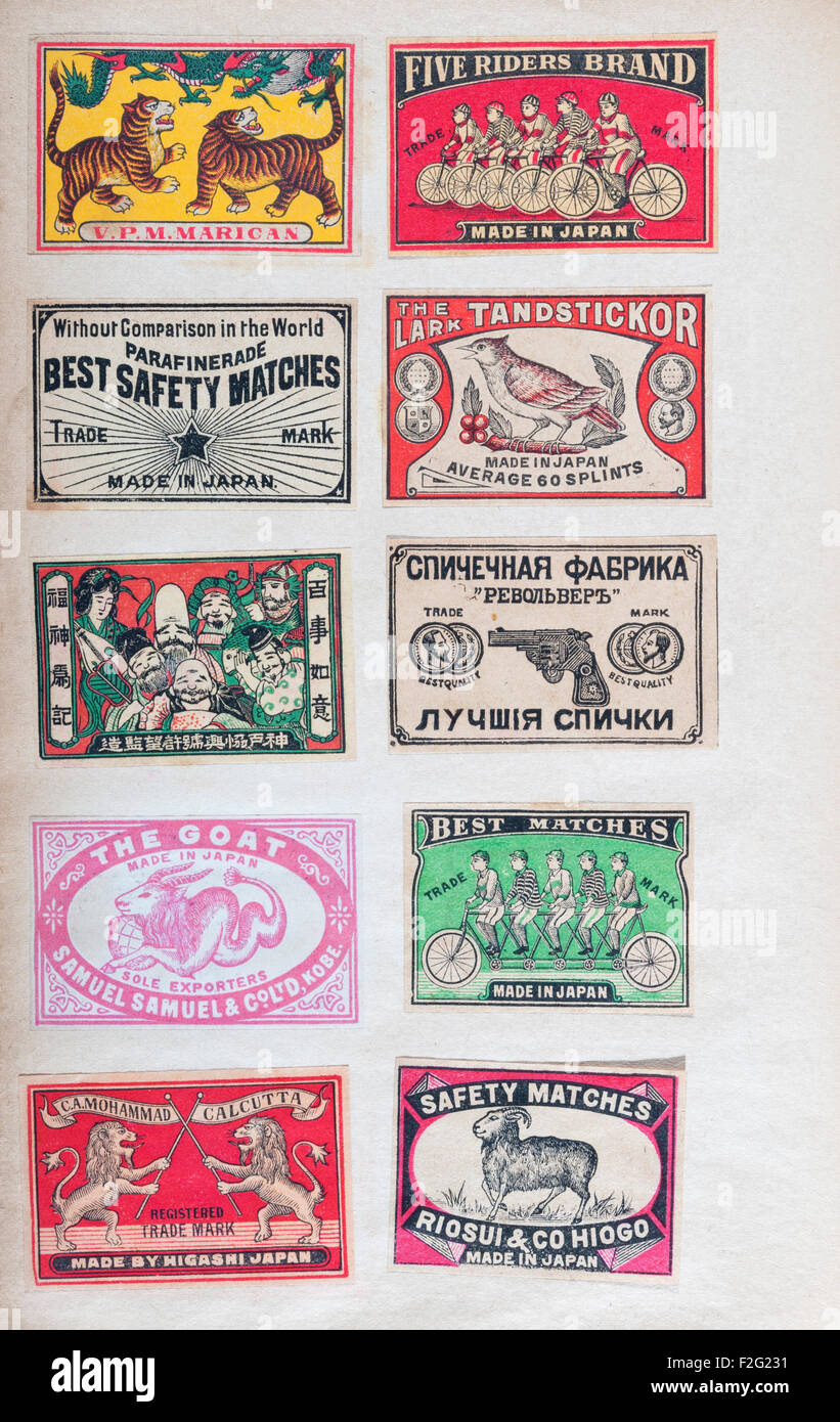 Old Japanese matchbox labels, some made for the Indian market. Collecting matchbox labels and matchbook covers is known as phillumeny or phillumenism Stock Photo