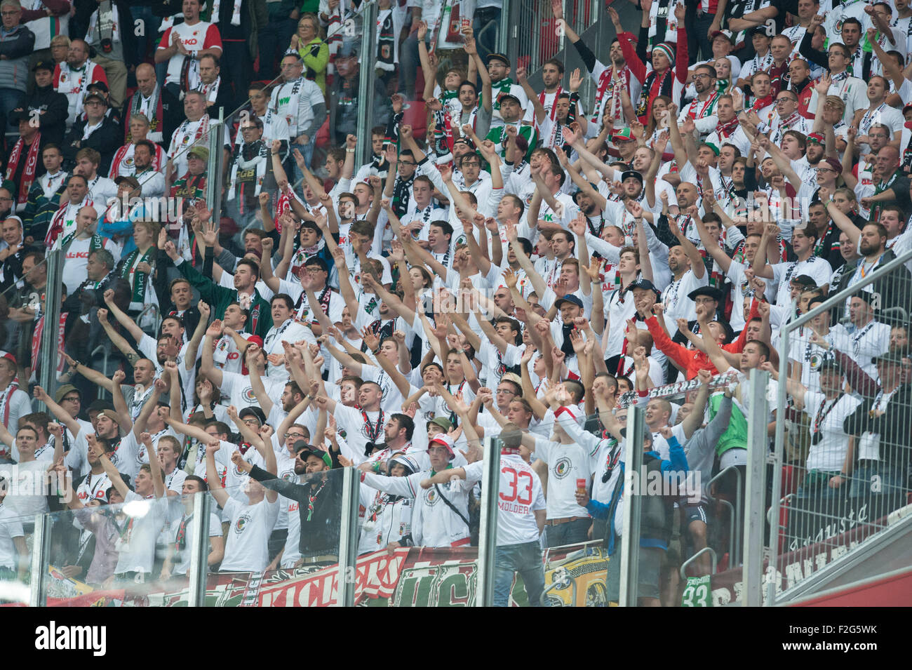 Bilbao, Spain. 17th Sep, 2015. Supporters of Augsburg cheer for their team during the UEFA Europa League Group L soccer match between Athletic Bilbao and FC Augsburg at Estadio de San Mames in Bilbao, Spain, 17 September 2015. Photo: Juan Flor/dpa/Alamy Live News Stock Photo