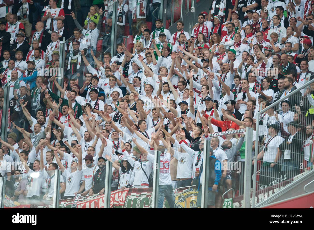 Bilbao, Spain. 17th Sep, 2015. Supporters of Augsburg cheer for their team during the UEFA Europa League Group L soccer match between Athletic Bilbao and FC Augsburg at Estadio de San Mames in Bilbao, Spain, 17 September 2015. Photo: Juan Flor/dpa/Alamy Live News Stock Photo