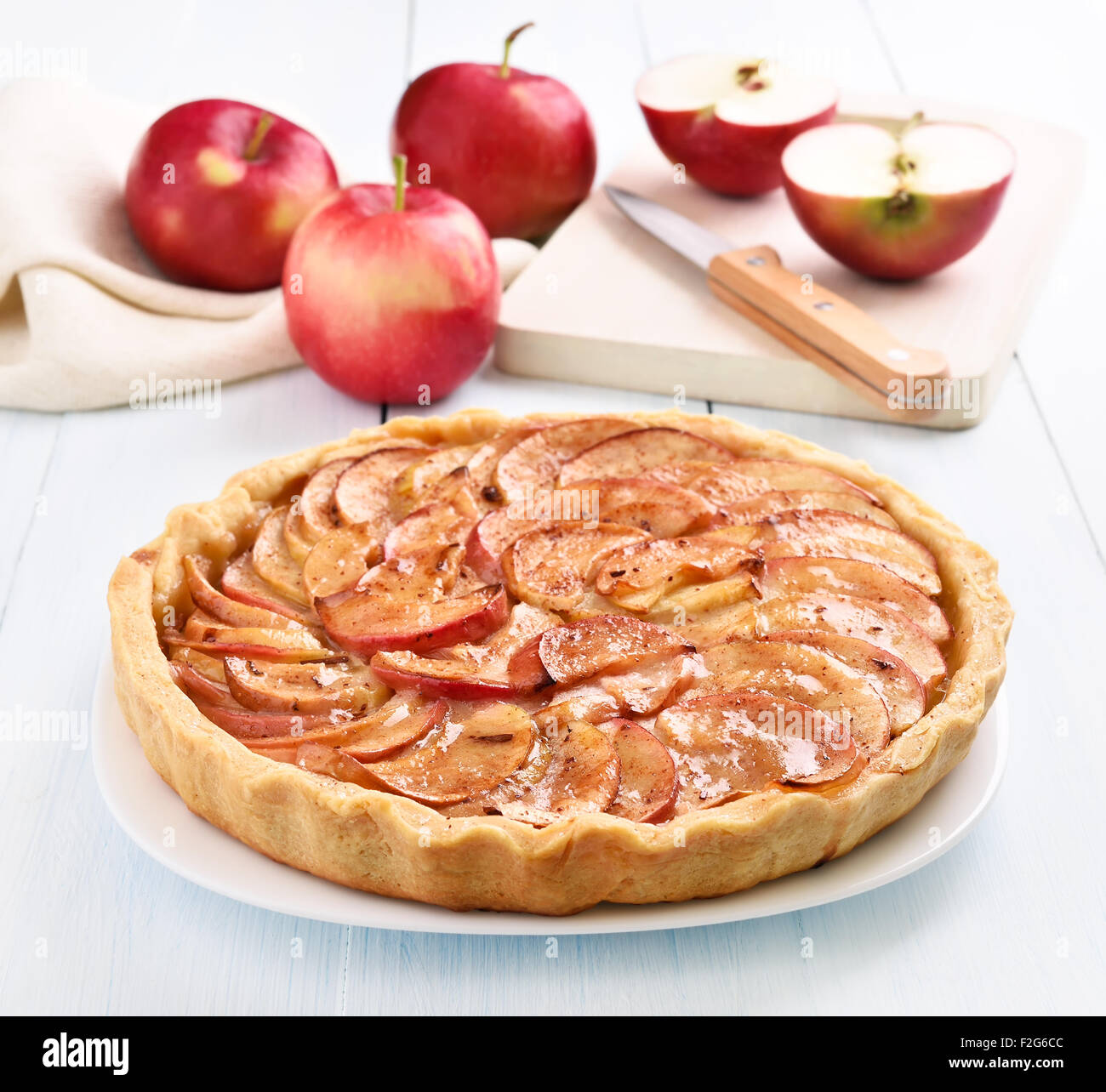Apple pie on wooden table Stock Photo
