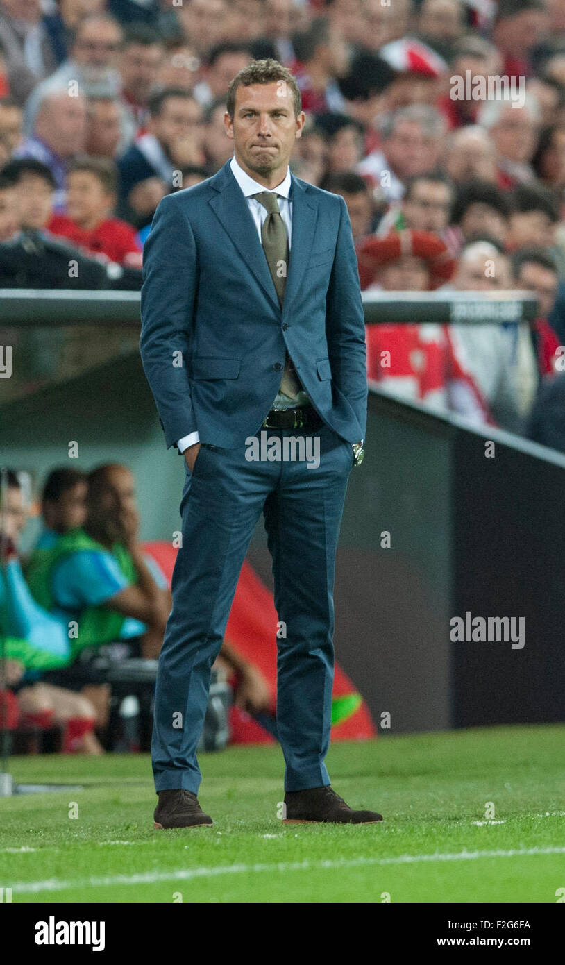 Bilbao, Spain. 17th Sep, 2015. Markus Weinzierl, head coach of Augsburg, stands at the sideline during the UEFA Europa League Group L soccer match between Athletic Bilbao and FC Augsburg at Estadio de San Mames in Bilbao, Spain, 17 September 2015. Photo: Juan Flor/dpa/Alamy Live News Stock Photo