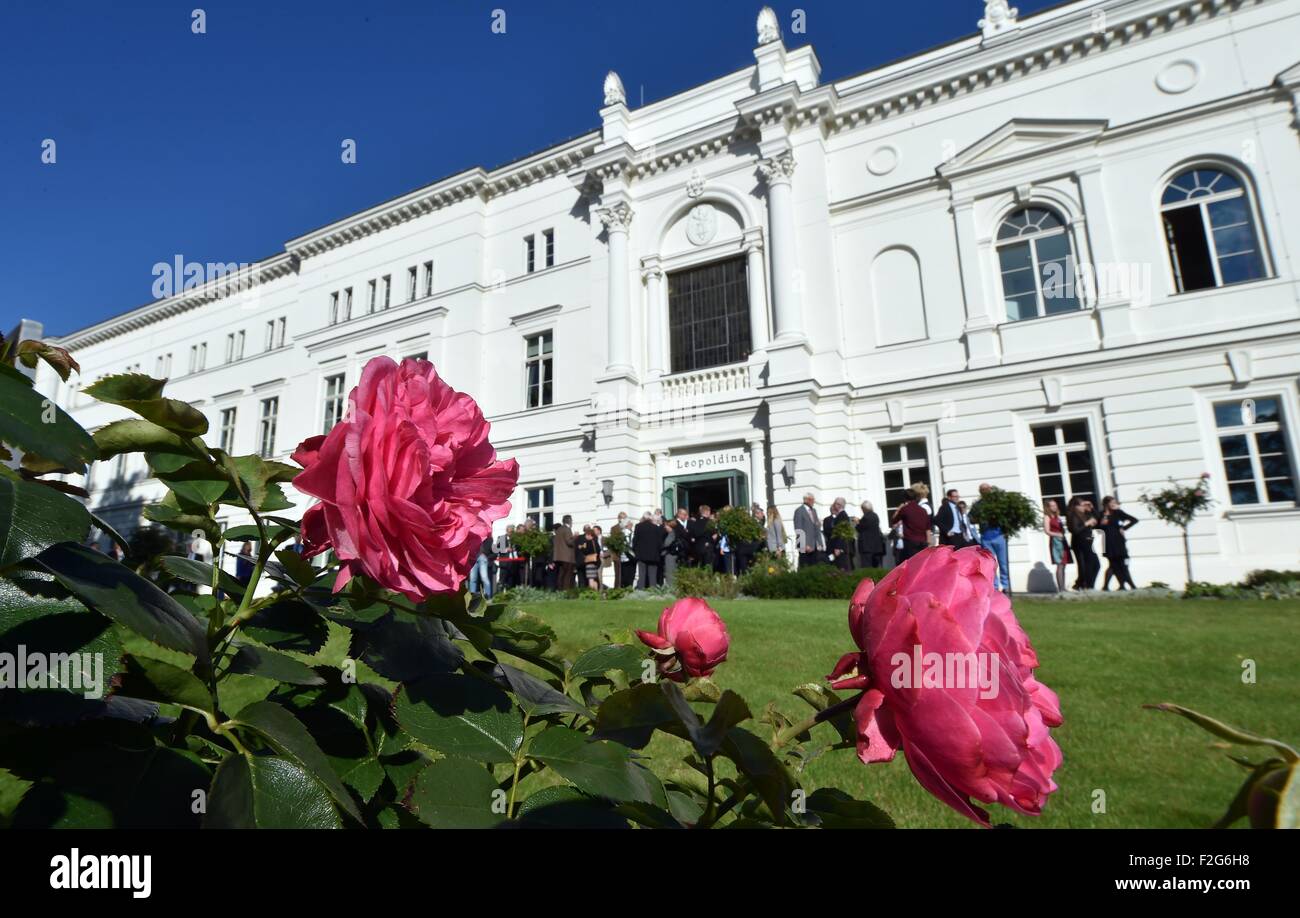 Academy members and scientists stand in front of main building of the Leopoldina German National Academy for Sciences during the academy's annual meeting in Halle/Saale, Germany, 18 September 2015. The event this year is being held under the title 'Symmetry and asymmetry in science and art' Photo: HENDRIK SCHMIDT/DPA Stock Photo