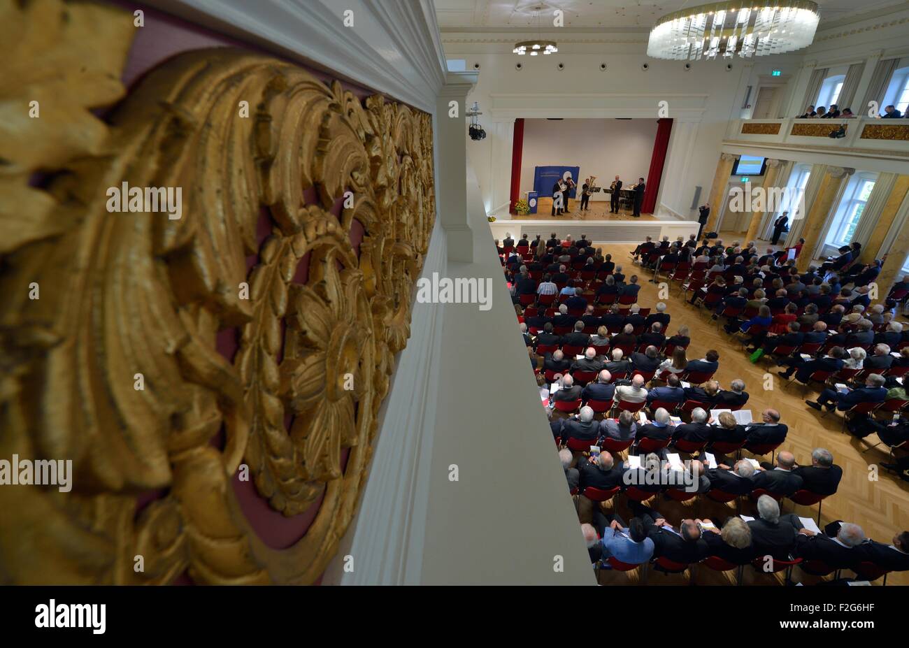 Academy members and scientists attend the Leopoldina German National Academy for Sciences annual meeting in Halle/Saale, Germany, 18 September 2015. The event this year is being held under the title 'Symmetry and asymmetry in science and art' Photo: HENDRIK SCHMIDT/DPA Stock Photo