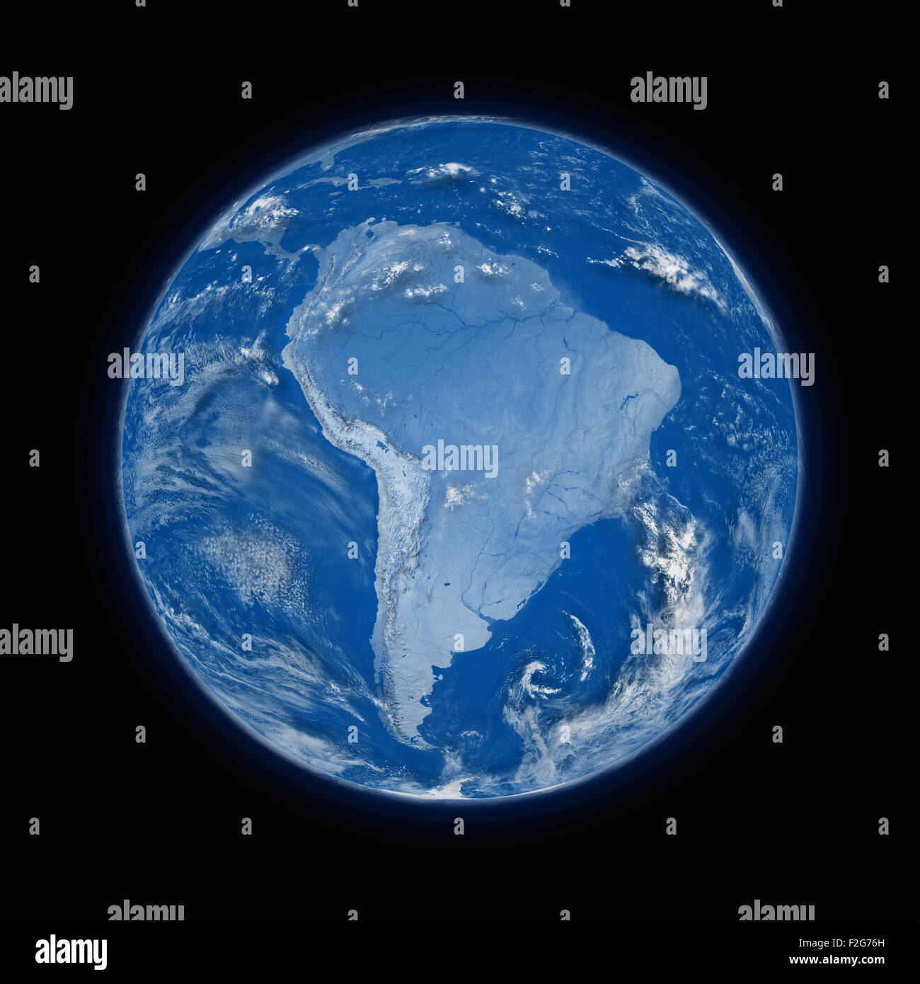 South America on blue planet Earth isolated on black background. Highly ...