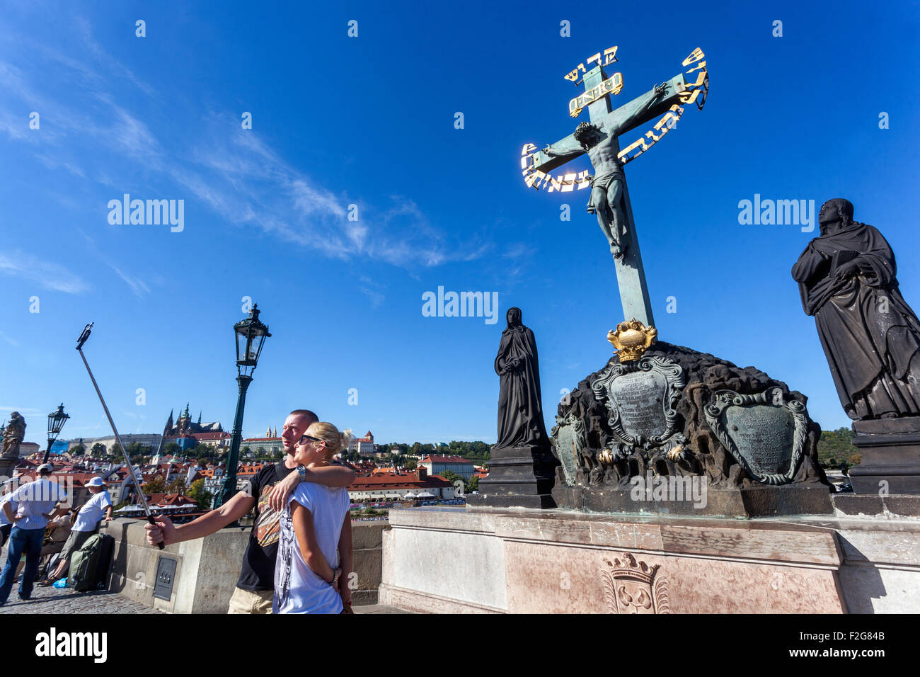 Charles Bridge, Statue Of Jesus On The Cross, Prague Czech Republic Bridge Charles Stock Photo