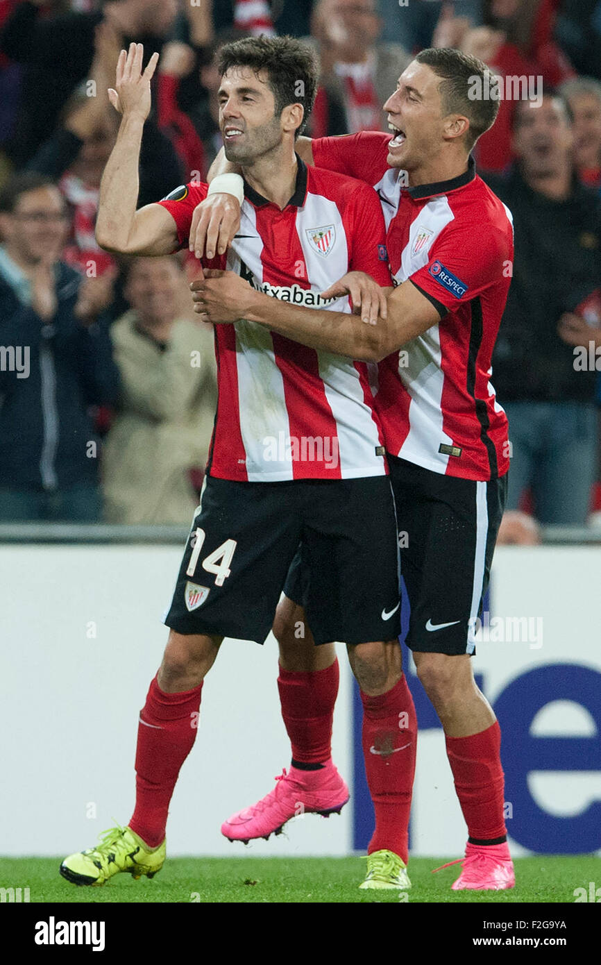 Bilbao, Spain. 17th Sep, 2015. Markel Susaeta and Oscar De Marcos of Athletic celebrate during the UEFA Europa League Group L soccer match between Athletic Bilbao and FC Augsburg at Estadio de San Mames in Bilbao, Spain, 17 September 2015. Photo: Juan Flor/dpa/Alamy Live News Stock Photo