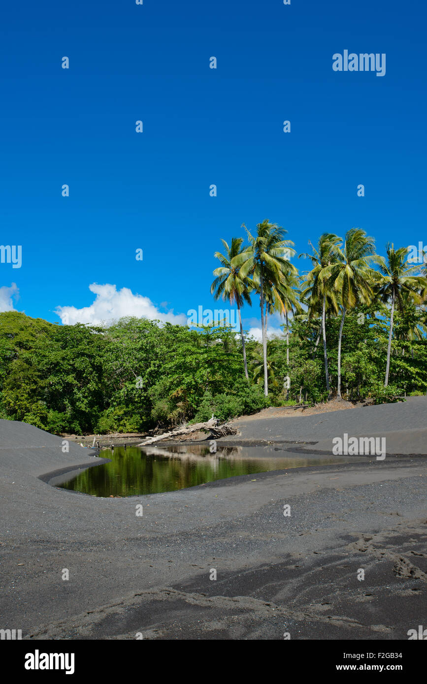 Coastal fisherman huts in North Sulawesi on a black sand beach with tropical lush in the background during a sunny day with blue Stock Photo