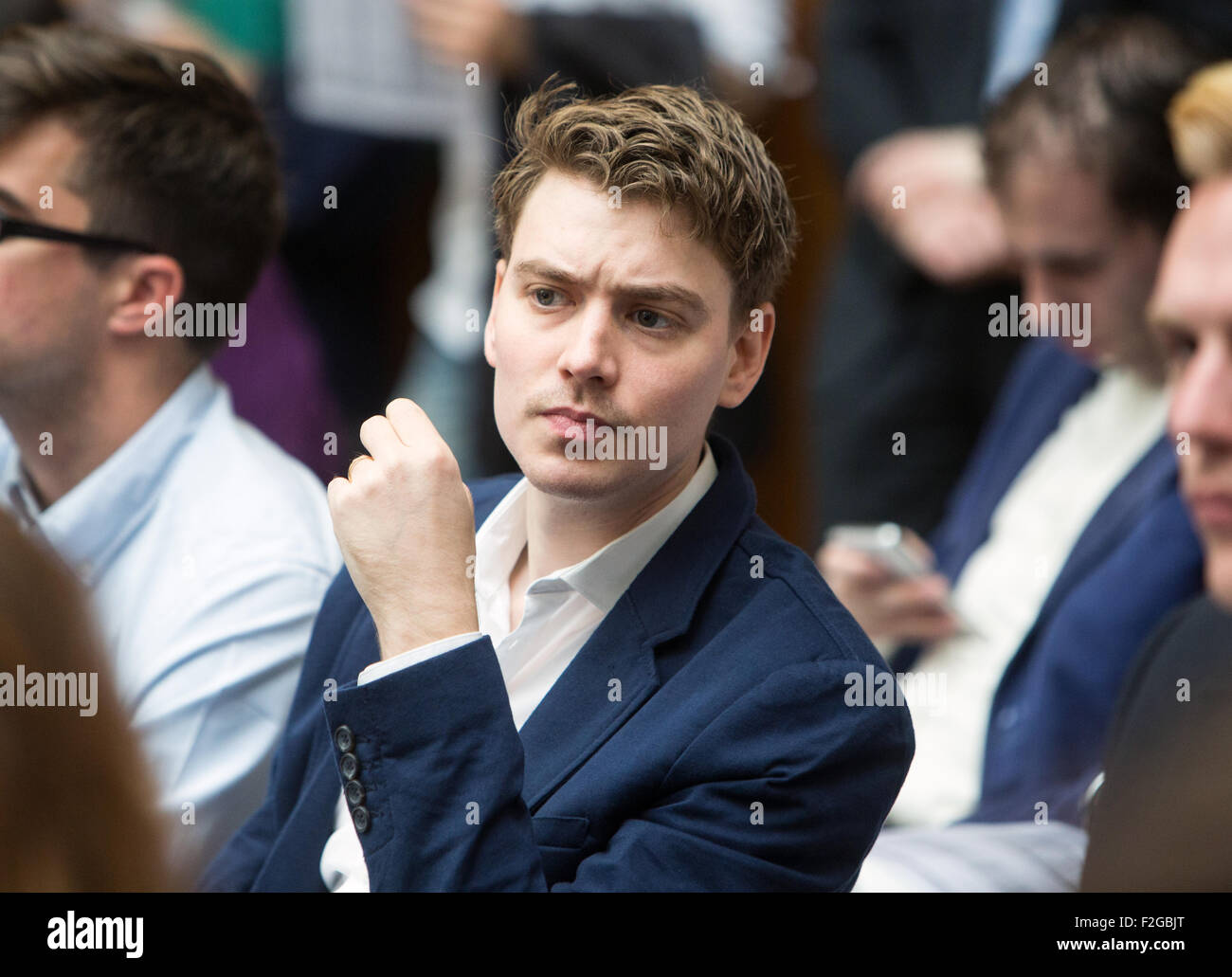 The eldest son of former Prime Minister Tony Blair was among those who turned out to listen to prospective Labour leaders. Stock Photo