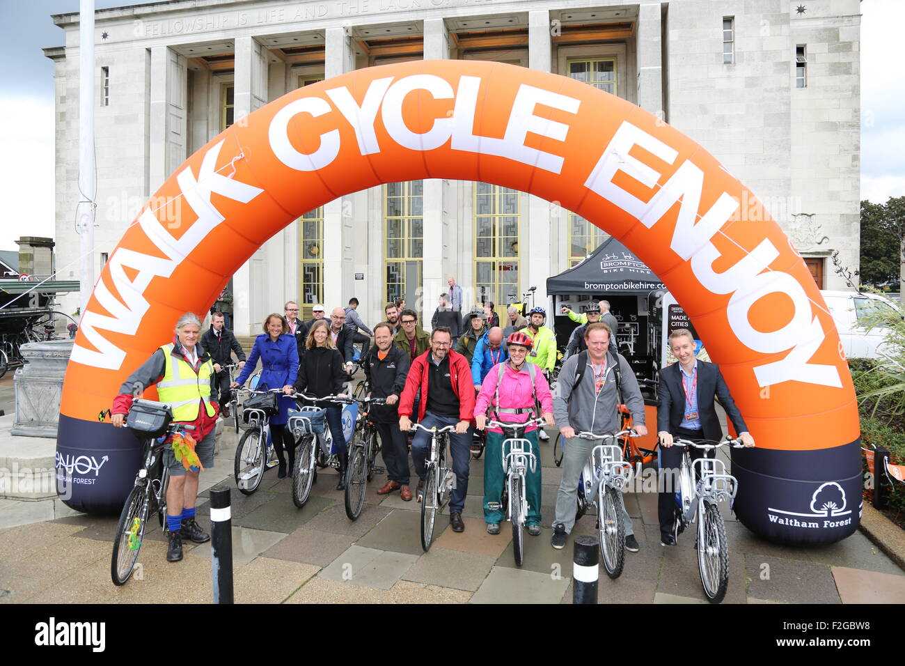 A team of delegates at the London Cyclce Show prepare to view new cycle routes in the London Borough of Waltham Forest Stock Photo