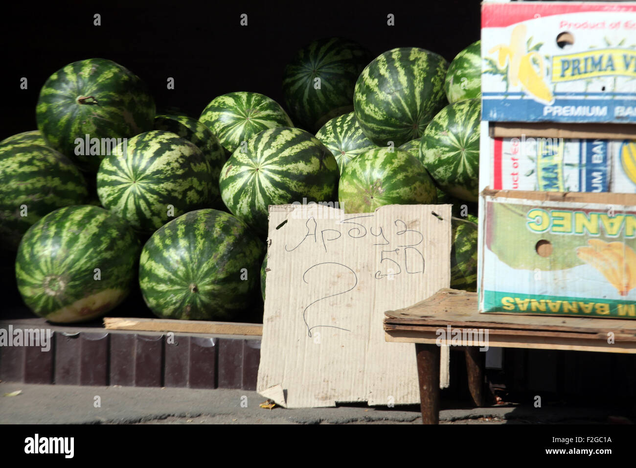 Water melons showed the cheapest retail and wholesale prices in Ukraine in 2015 since 2010 = 2.50 gryvnia/kilo (pound0.07/kg). Stock Photo