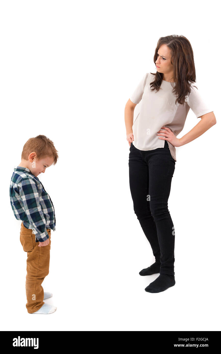 Young mother disciplining her young son isolated Stock Photo