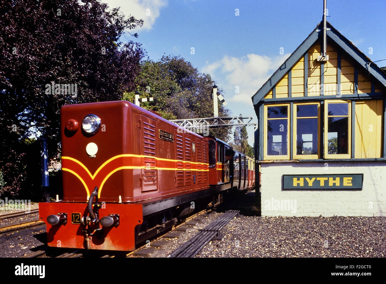 RHDR diesel loco No. 12 'John Southland' departing Hythe station. circa 1980s Stock Photo