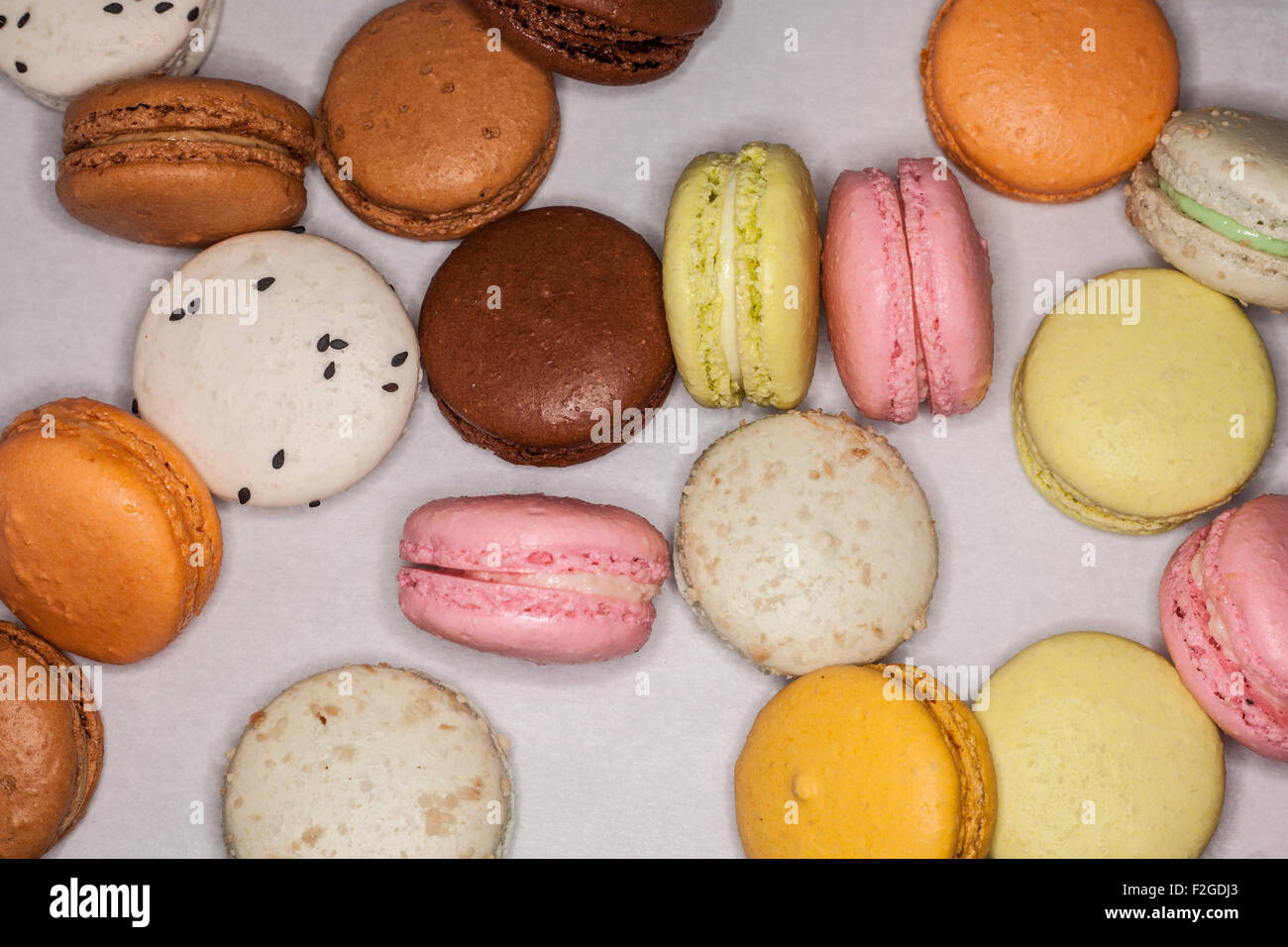 various macaroons flavors and colors of macaroons, on a white background Stock Photo