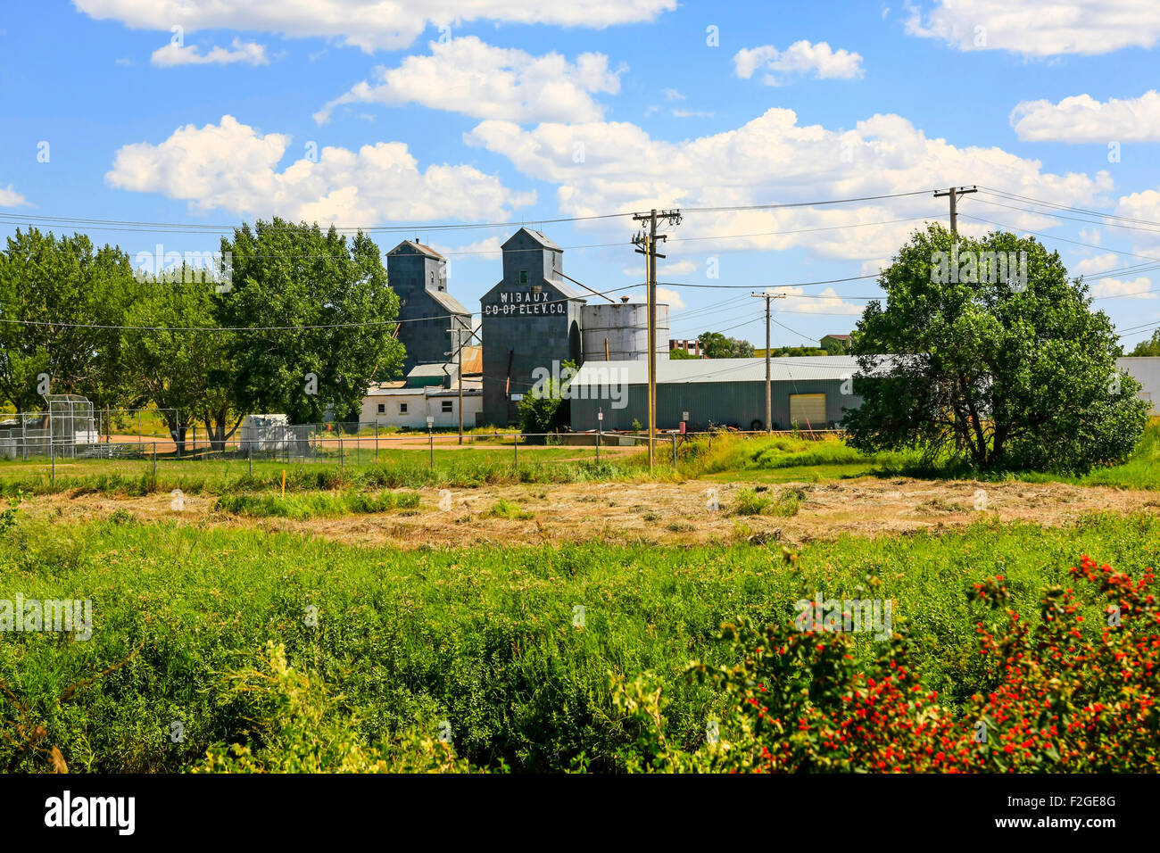 The Wibaux CoOp Grain Elevator Company buildings in Montana Stock